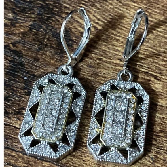 - 💖 Art deco Silver Tone  Diamond Pave geometric octagon drop earrings💖 - Picture 3 of 16